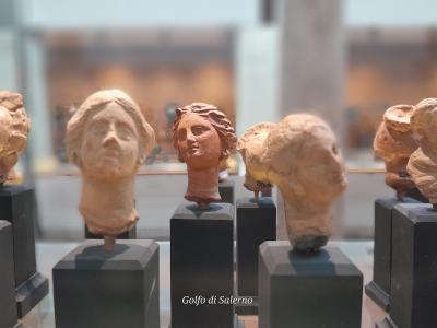 A close-up photograph of several ancient terracotta busts and heads displayed on black pedestals inside a museum case, with a "gds golfo di salerno" logo in the top-left corner and "Golfo di Salerno" text at the bottom.