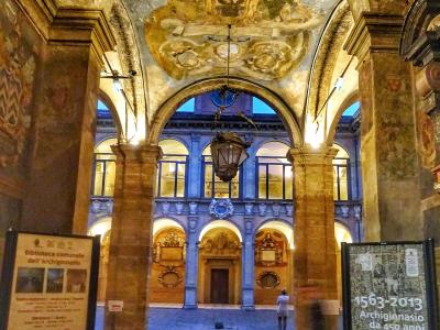 The frescoed arcades of the Archiginnasio in Bologna