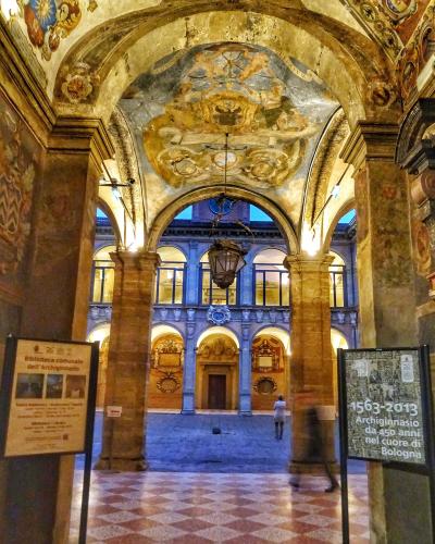 The frescoed arcades of the Archiginnasio in Bologna
