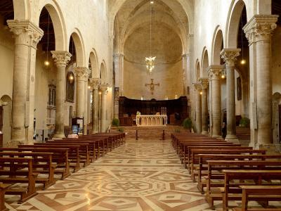 The interior of a Romanesque-style cathedral featuring a geometrically patterned marble floor, rows of wooden pews, stone columns with carved capitals, and an altar area at the far end under a large arch.