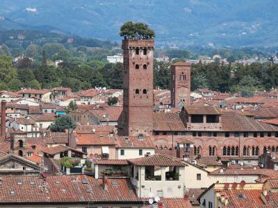 A tall, square brick tower topped with a cluster of trees, rising above a dense cluster of terracotta-roofed buildings with mountains in the background.