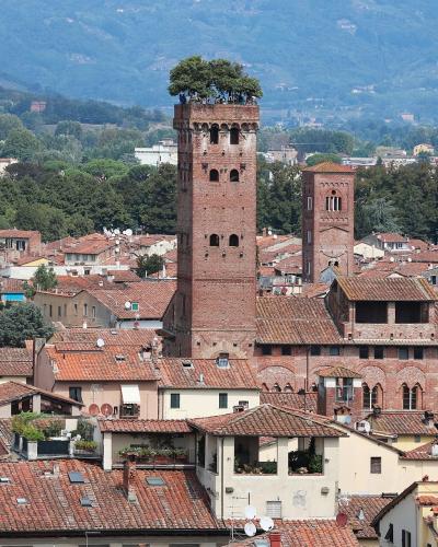 A tall, square brick tower topped with a cluster of trees, rising above a dense cluster of terracotta-roofed buildings with mountains in the background.