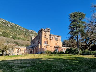 A large, terracotta-colored castle-like building with crenellated towers and Gothic-Revival architecture, situated on a grassy slope with a rocky hillside in the background under a clear blue sky.