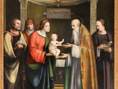 A Renaissance painting depicting the Presentation of Jesus at the Temple and the Purification of the Virgin, featuring five figures in a classical architectural setting with Hebrew text on a tablet, signed by Francesco Francia.