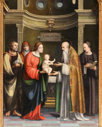 A Renaissance painting depicting the Presentation of Jesus at the Temple and the Purification of the Virgin, featuring five figures in a classical architectural setting with Hebrew text on a tablet, signed by Francesco Francia.