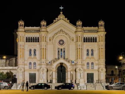 A brightly illuminated neoclassical cathedral facade at night, featuring a central rose window, flanking towers with cupolas, statues on pedestals, and cars parked along the street in front.